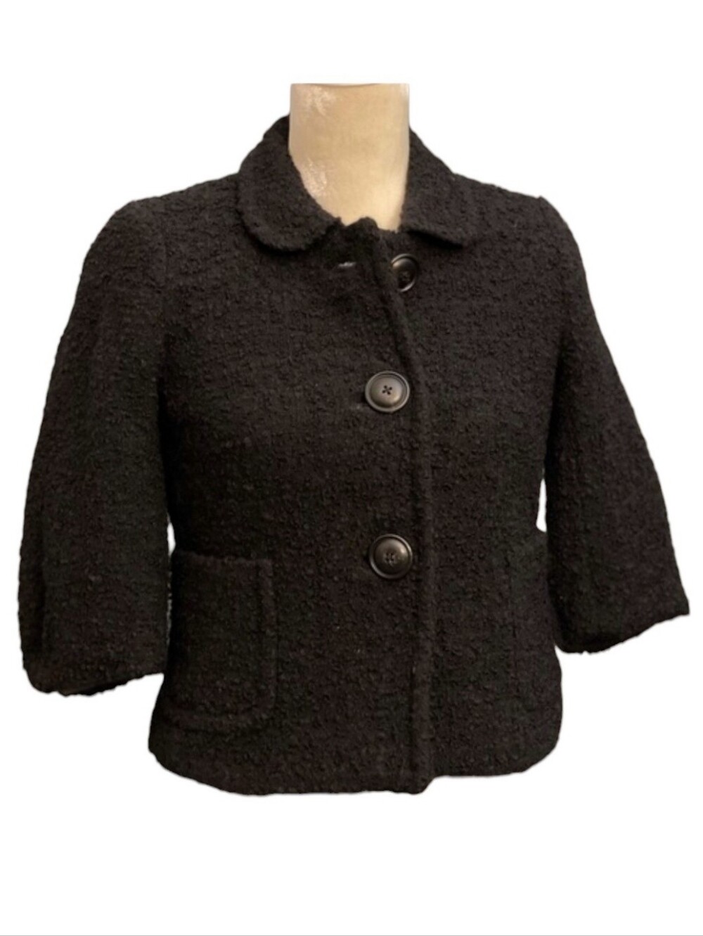 Y2K Black J.Crew Bouclé Wool Blend Jacket 3/4 Sleeve Style #89263 2007 Holliday - Picture 2 of 8